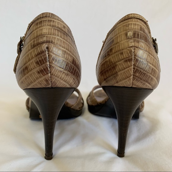 Kenneth Cole Leather, faux alligator open toe strappy high heels, made in Spain - Picture 6 of 12